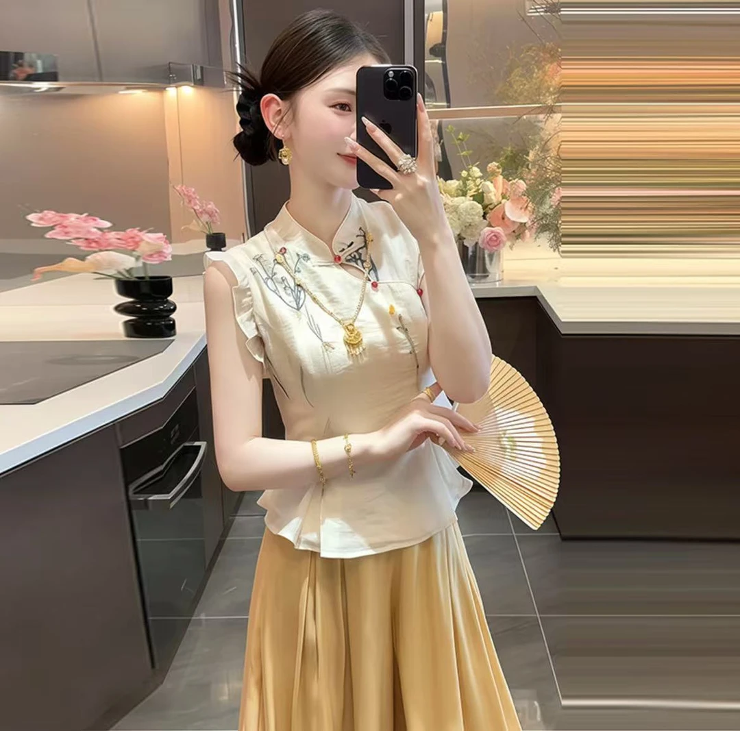 休闲新中式套装女2025年夏季新款气质百搭刺绣上衣阔腿长裤两件套