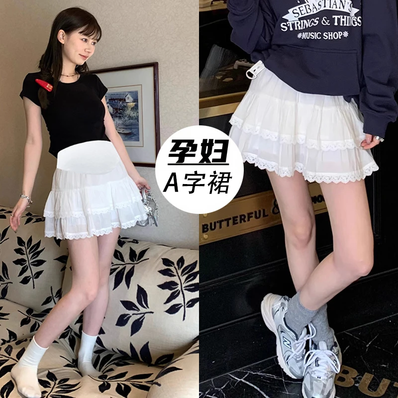 孕妇蕾丝半身裙夏季薄款外穿2025新款休闲白色蛋糕裙A字短裙夏装
