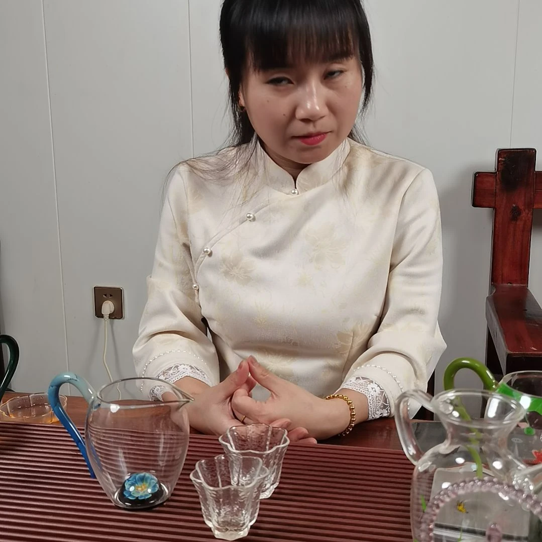 手柄款高硼硅玻璃蓝花底珠公杯配两支小杯