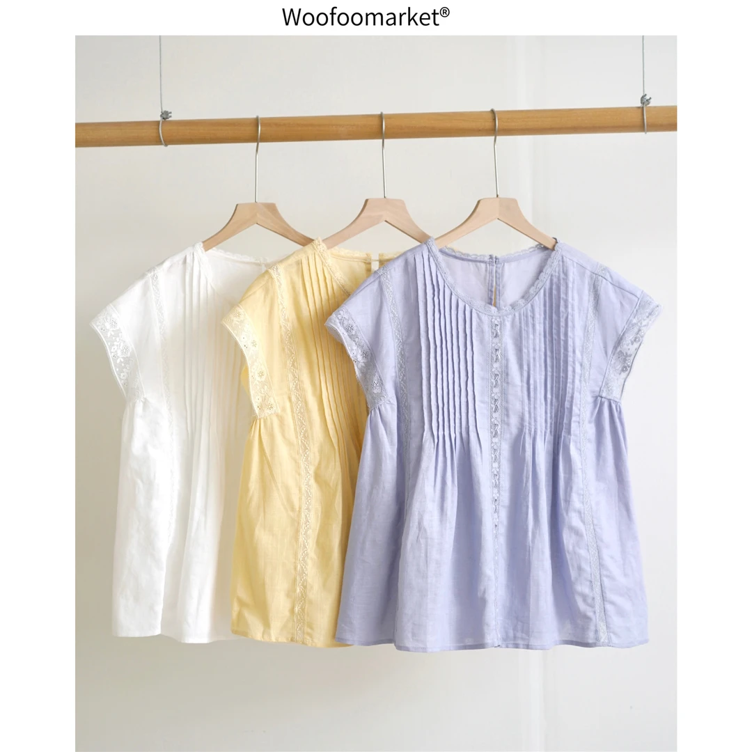 【海街日集】棉麻蕾丝飞袖精致设计感小衫女夏季 CY889