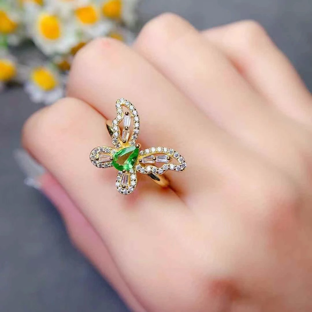 纯银镶嵌天然沙弗莱戒指，蝴蝶款，开口可调节，简单大方