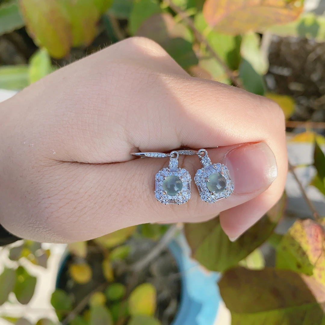 天然翡翠蓝冰方糖耳钩耳饰冰种满蓝耳环经典简约气质百搭S925银