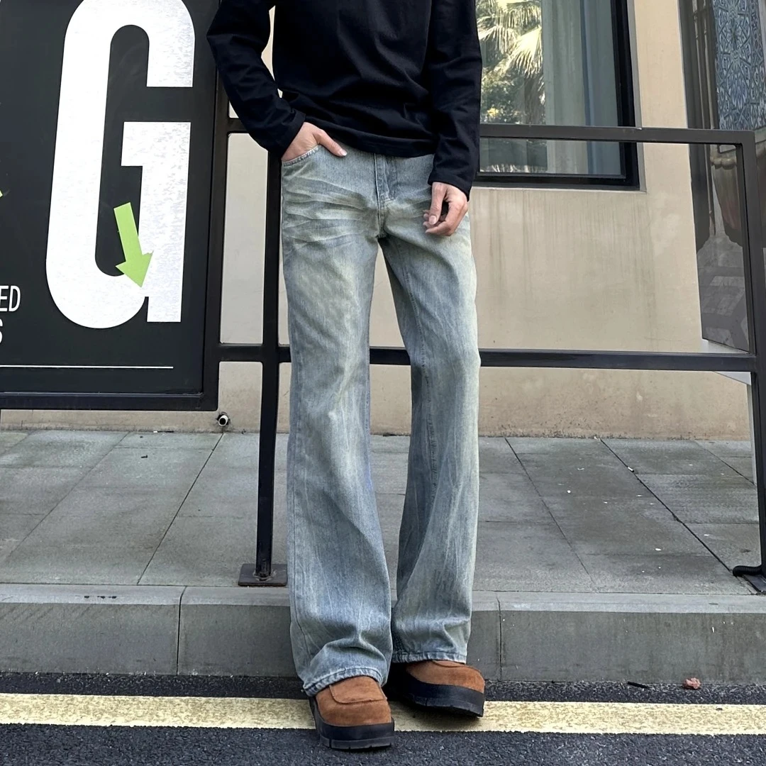 美式高街竹节纹微喇牛仔裤男女同款春季薄款百搭直筒痞帅长裤子潮