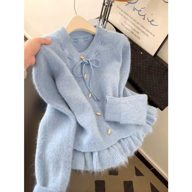 自留爆款推荐~韩系蓝色假两件系带蝴蝶结针织衫女秋冬慵懒风毛衣