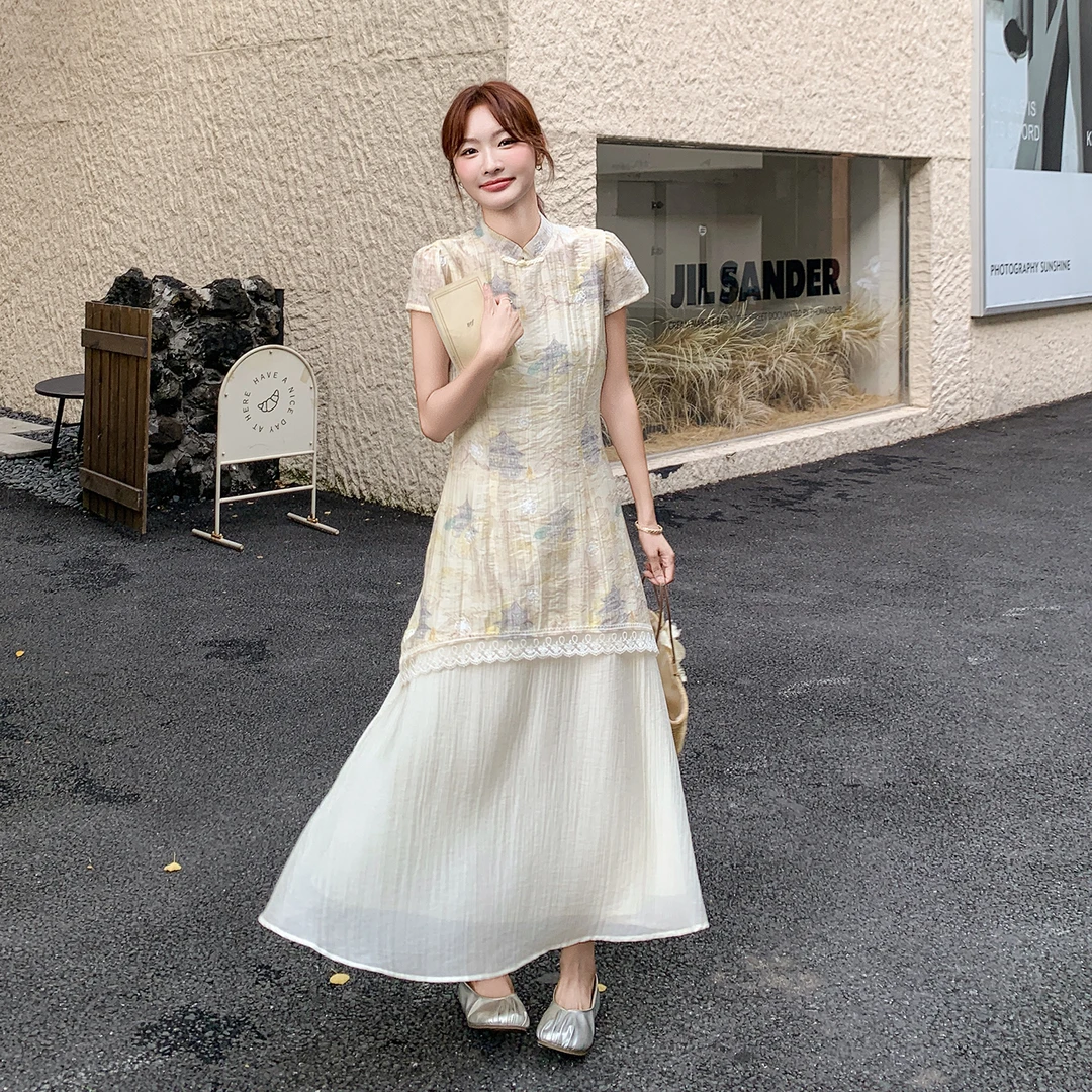 新中式国风刺绣拼接改良旗袍连衣裙女2025夏季气质修身显瘦长裙子