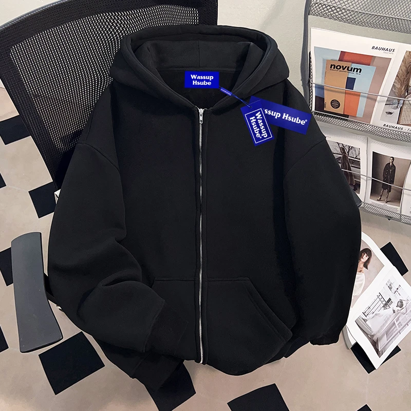 WASSUP HSUBE美式hiphop纯色连帽卫衣外套男女百搭情侣开衫上衣潮