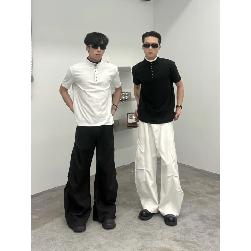 不属于图案修身型短袖亨利领T恤男装衬衫简约潮流T6130