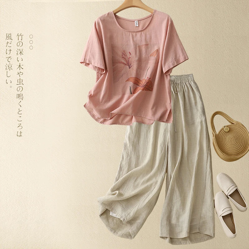 高端妈妈套装女2025夏季新款大码高级感亚麻苎麻上衣阔腿裤两件套