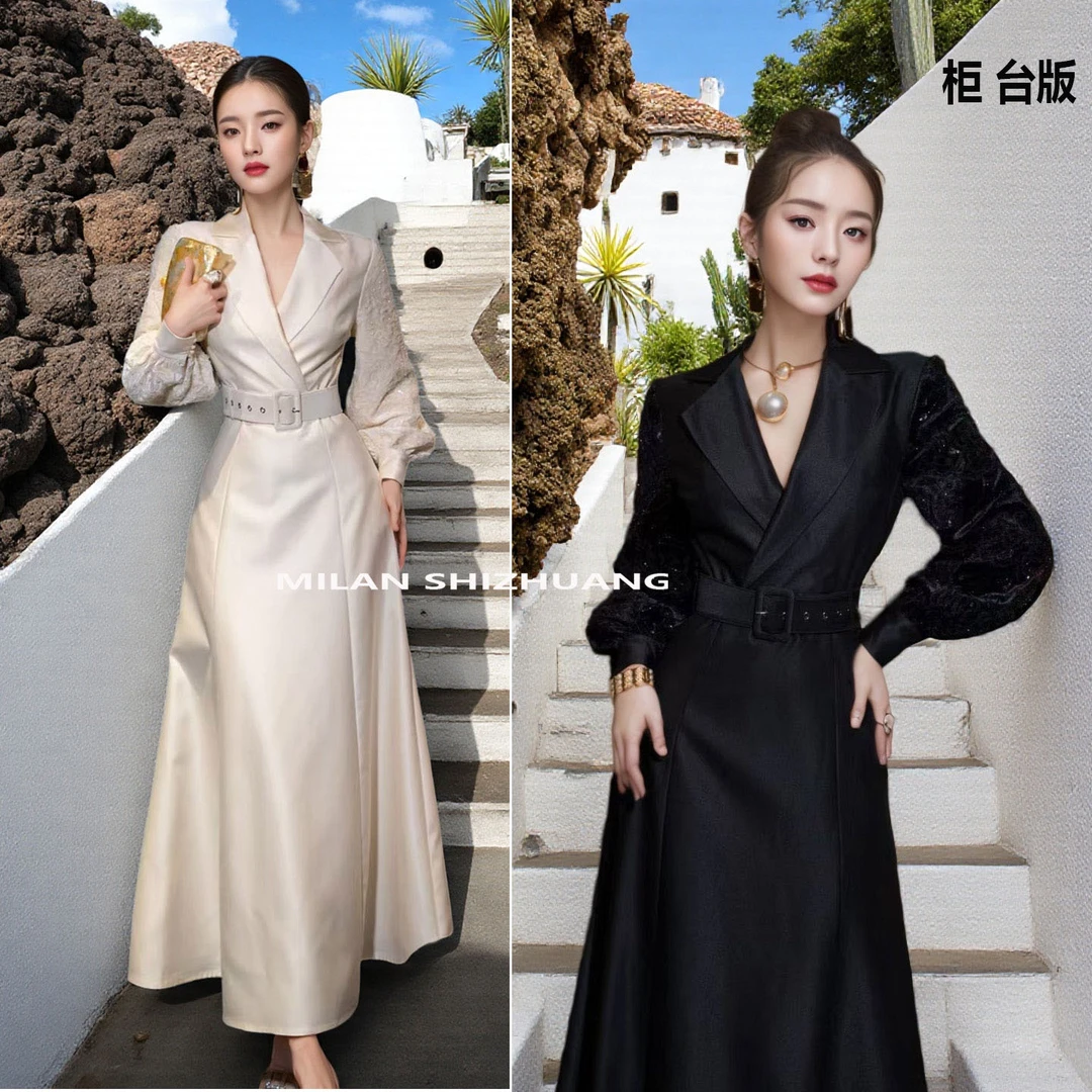 赵露思名媛法式礼服长裙子亮片拼接修身时尚主持收腰西装领连衣裙