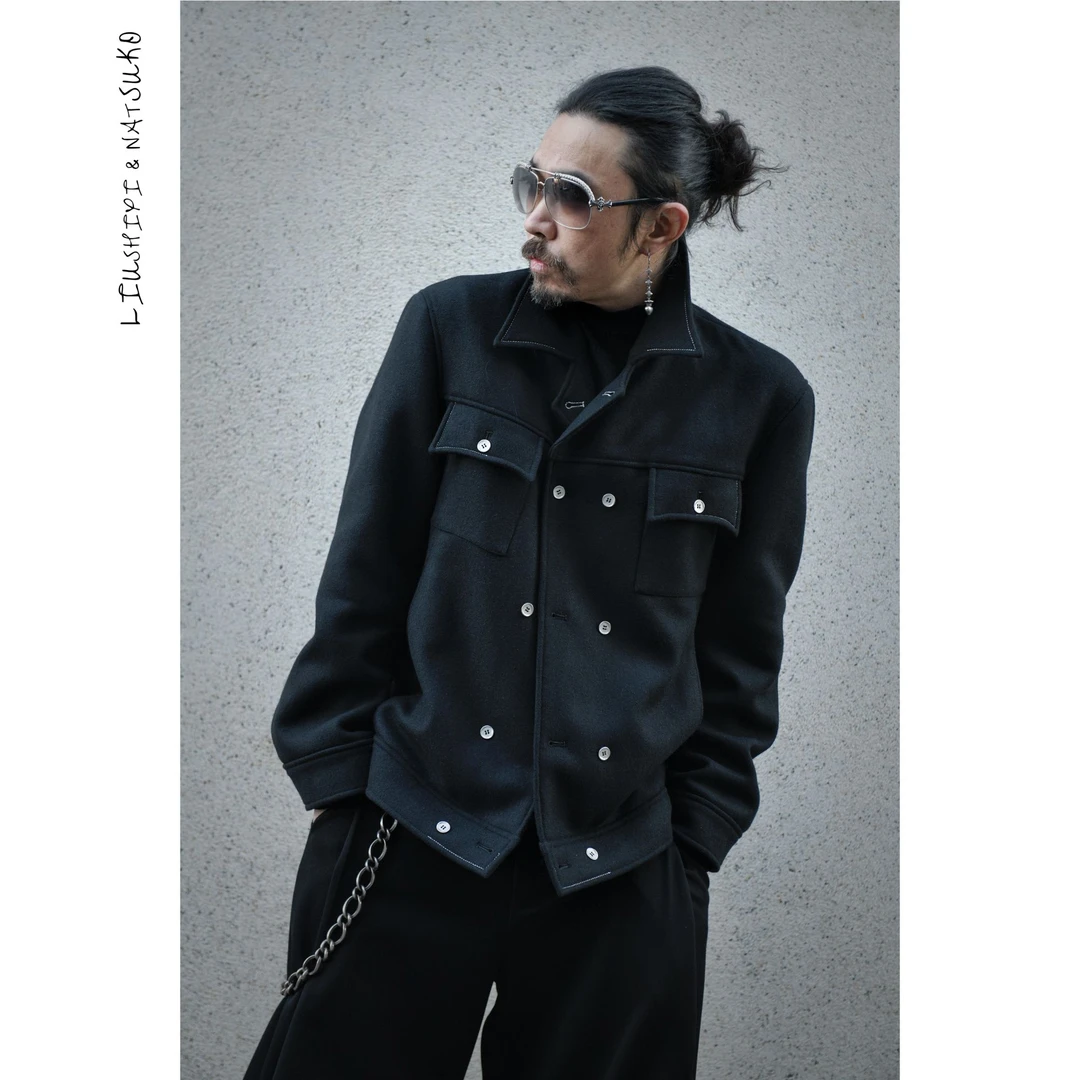 男士秋冬季潮流夹克复古双排扣外套短款男士毛呢大衣黑色宽松翻领