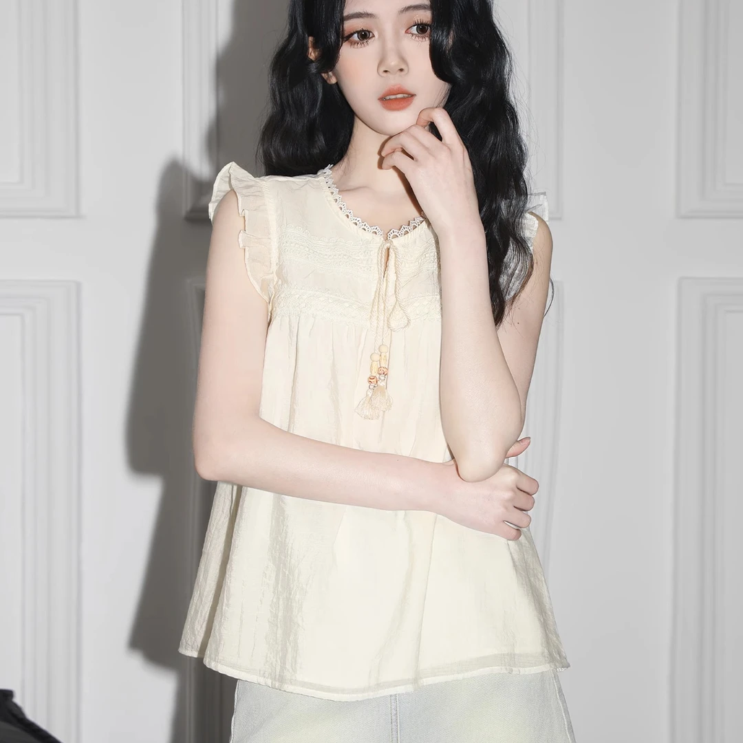 大码法式小飞袖衬衫女夏夏季新款设计感无袖娃娃衫衬衣遮肚子上衣