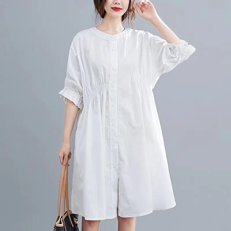 夏季韩版中长款纯色宽松遮肚子木耳边棉质连衣裙(B15-2)3531