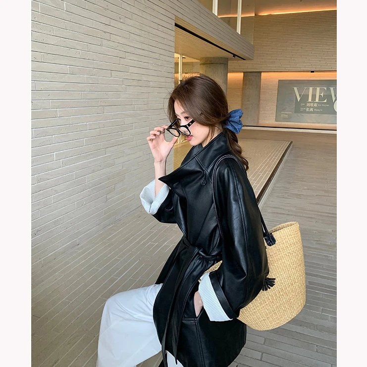 薄款秋季长袖水洗皮系带绑带皮衣网红上衣城市机能风风衣外套