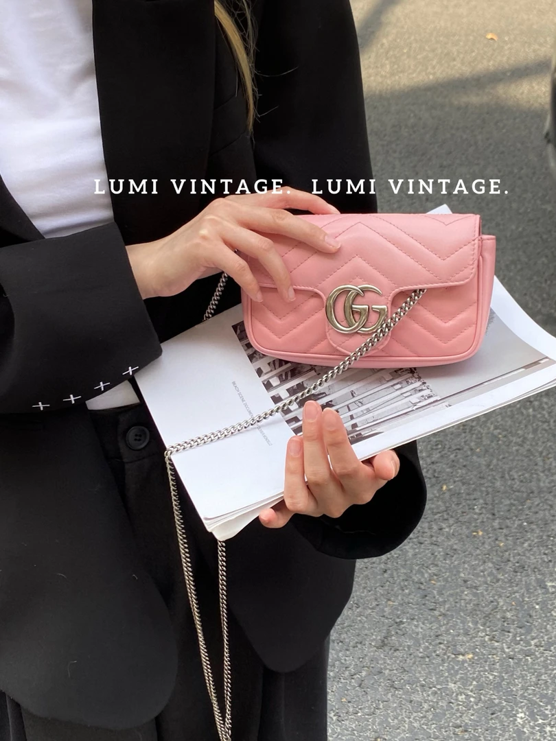 95新 GUCCI/古驰 粉色牛皮mini马蒙单肩包54617662