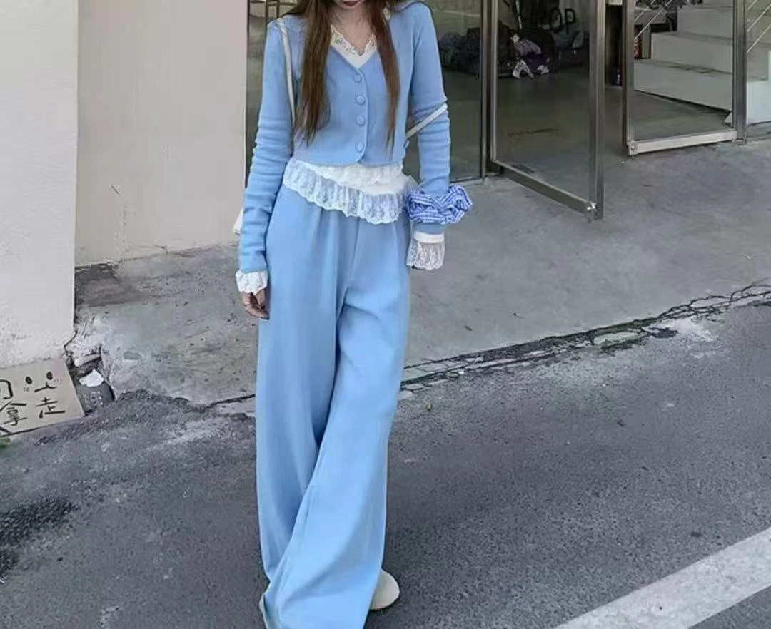 慵懒风V领针织开衫叠穿长袖加厚磨毛蕾丝衫高腰阔腿长款三件套