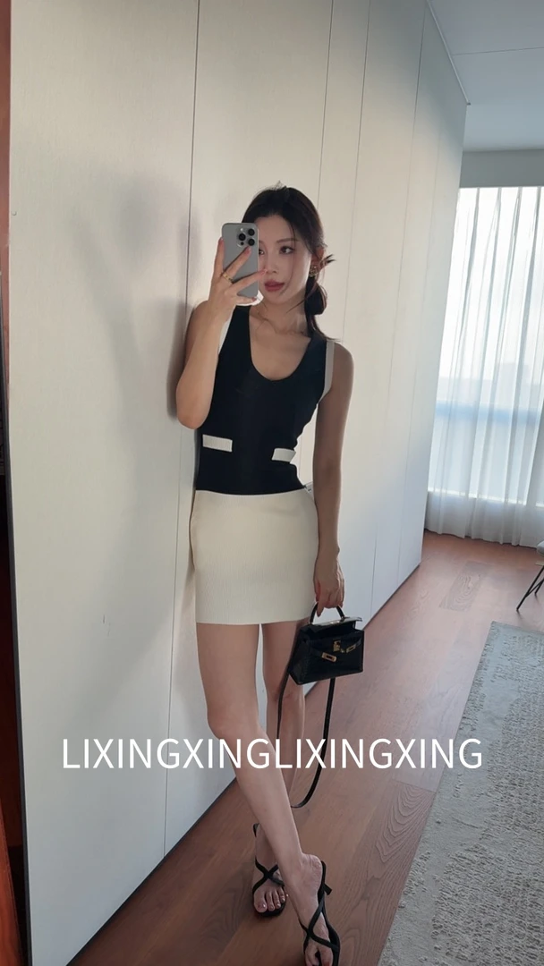 LXX【昼夜之境】曲珠黑白拼色假两件赫本背心/短袖连衣裙显瘦气质