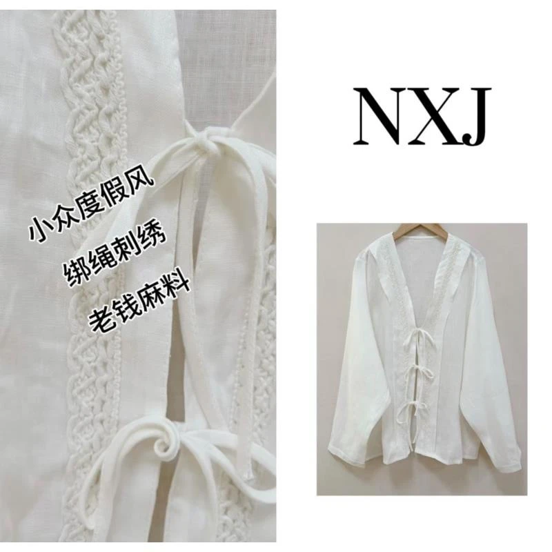 【不做牛马】微胖大码 小众设计师宽松大版刺绣绑绳麻料上衣 250615