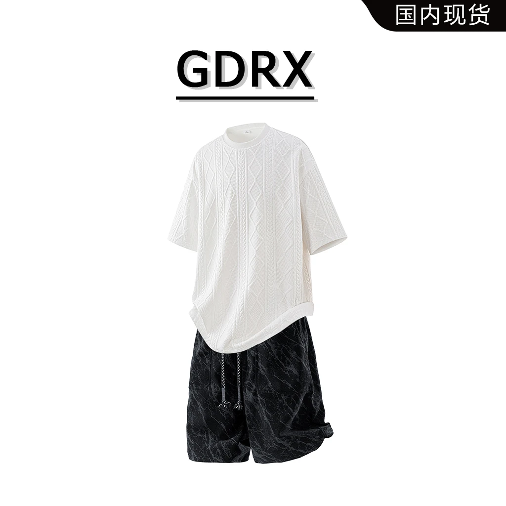 GDRX提花短袖套装男生2025夏季宽松闪电纹短裤两件套轻奢痞帅男装