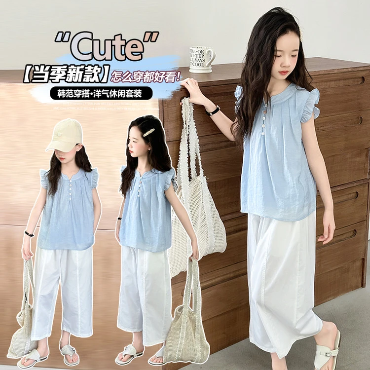 女童夏季甜美飞袖娃娃衫休闲裤套装2025新款女大童韩版薄款阔腿裤