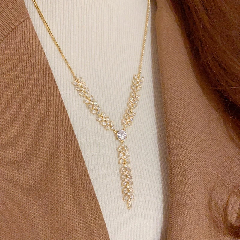铜锆石项链 韩式独特高级时尚锆石麦穗流苏项链小众设计感精致超