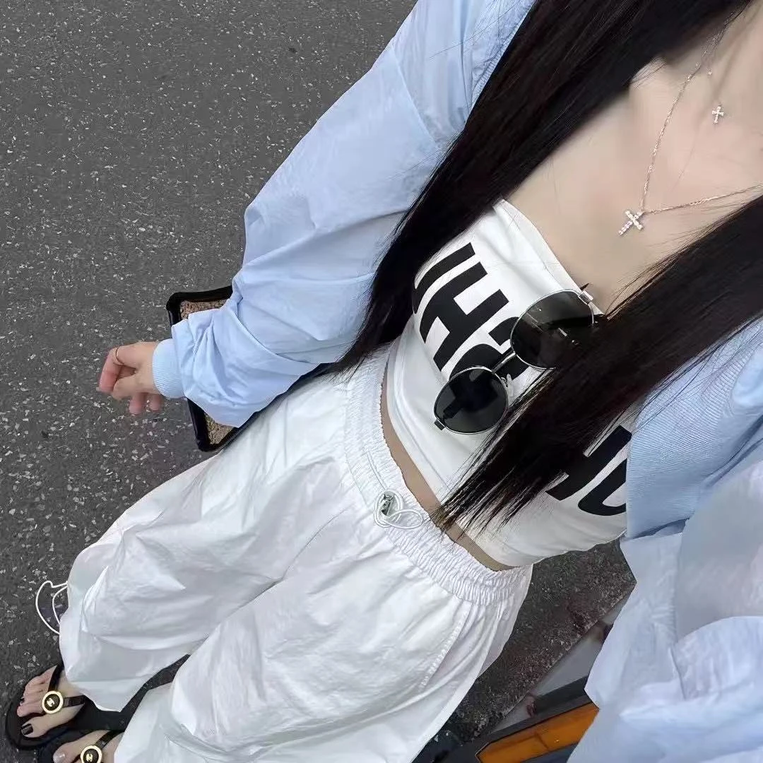 小九九 白色街头大码辣妹褶皱显瘦抹胸99701工装裤99699外套99700