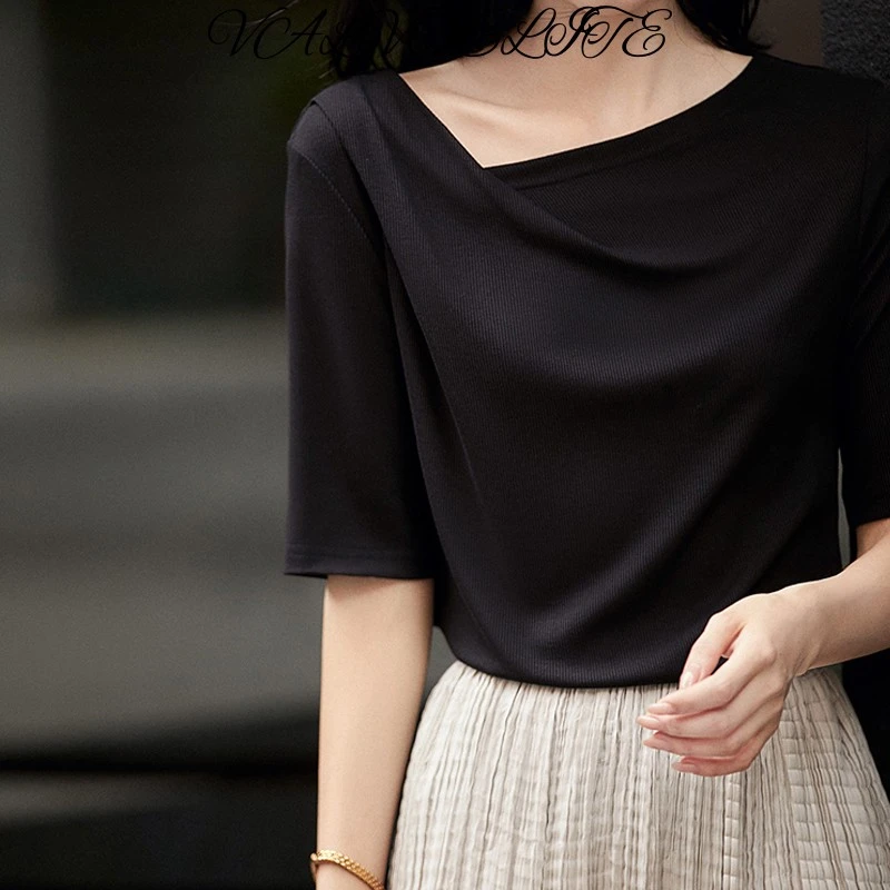 时尚复古设计感黑色不规则设计斜领短袖T恤女夏季款设计气质上衣