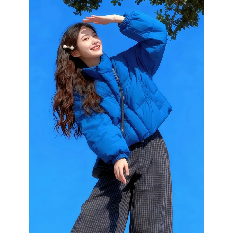秋冬季穿搭一整套女装2025新款慵懒风蓝色棉服格纹休息阔腿裤套装