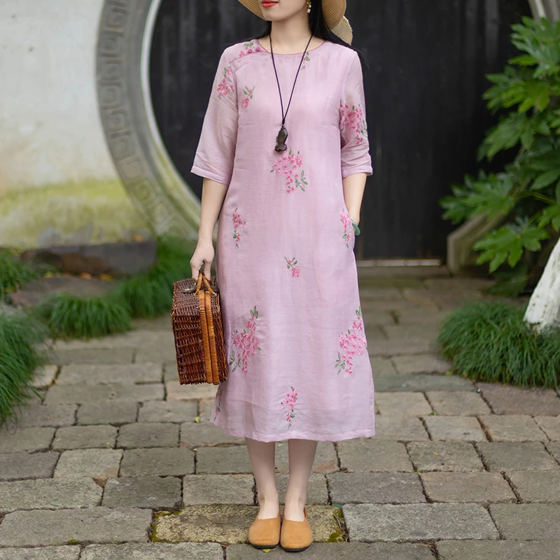 念江南念江南重磅绣花苎麻圆领改良旗袍裙温柔中长款新中式连衣裙