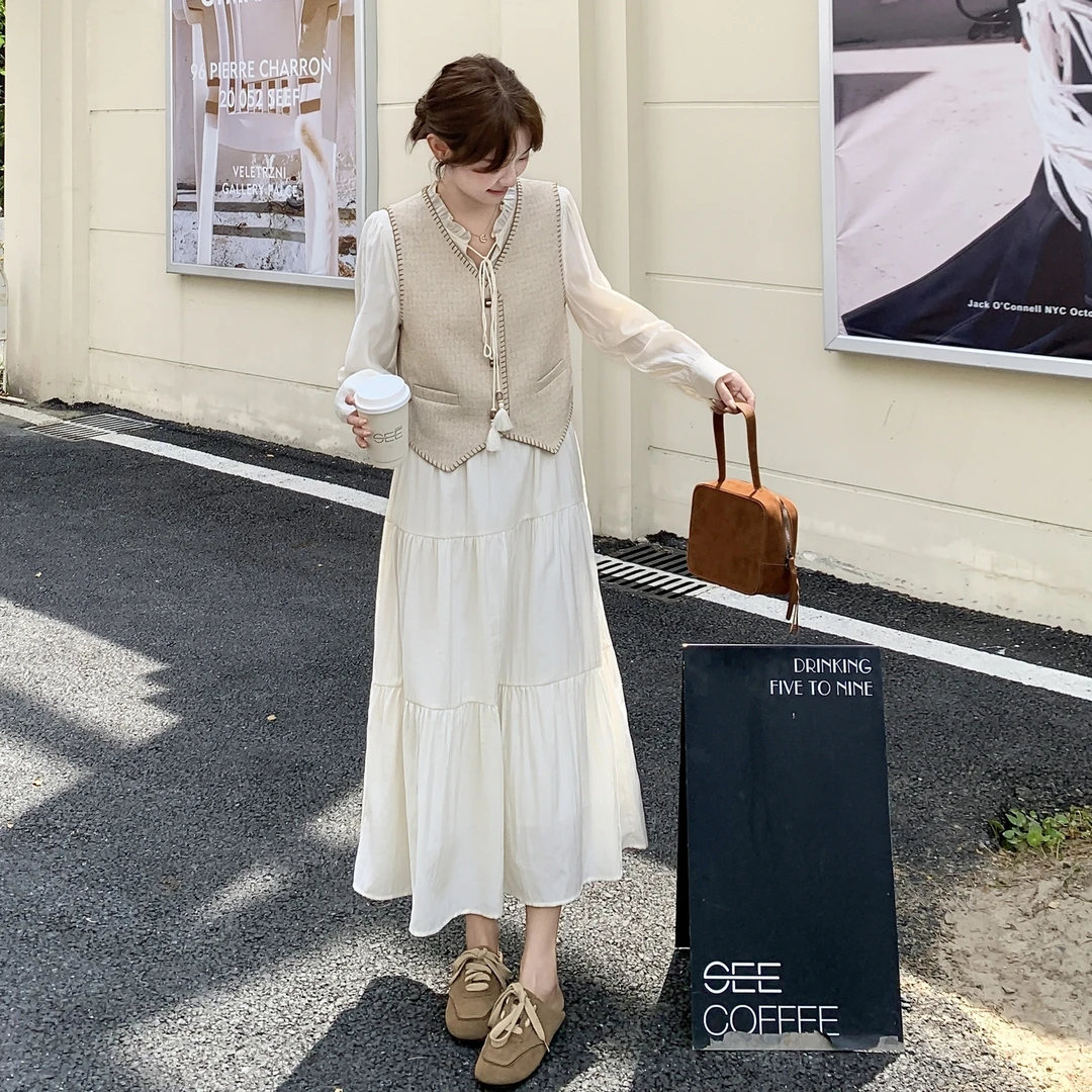 2025年秋季慵懒风休闲风民族风时尚马甲连衣裙两件套套装显瘦时尚