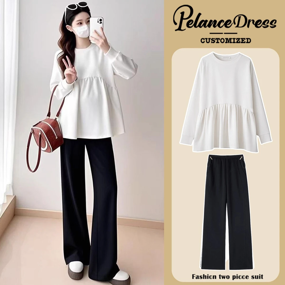 孕妇装秋季套装2025新款外穿女娃娃衫上衣卫衣韩版休闲阔腿裤穿搭