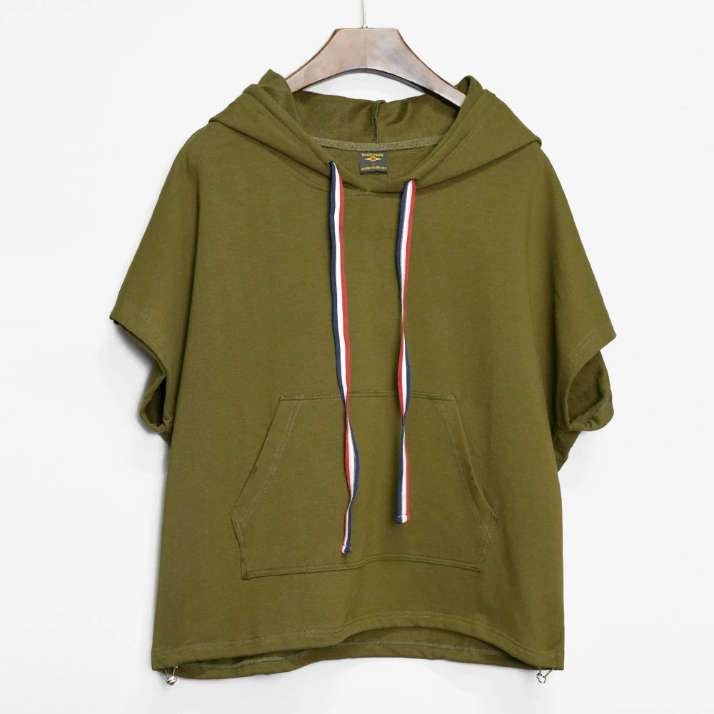 夏季宽松显瘦休闲运动百搭军绿色连帽短袖卫衣—T2505