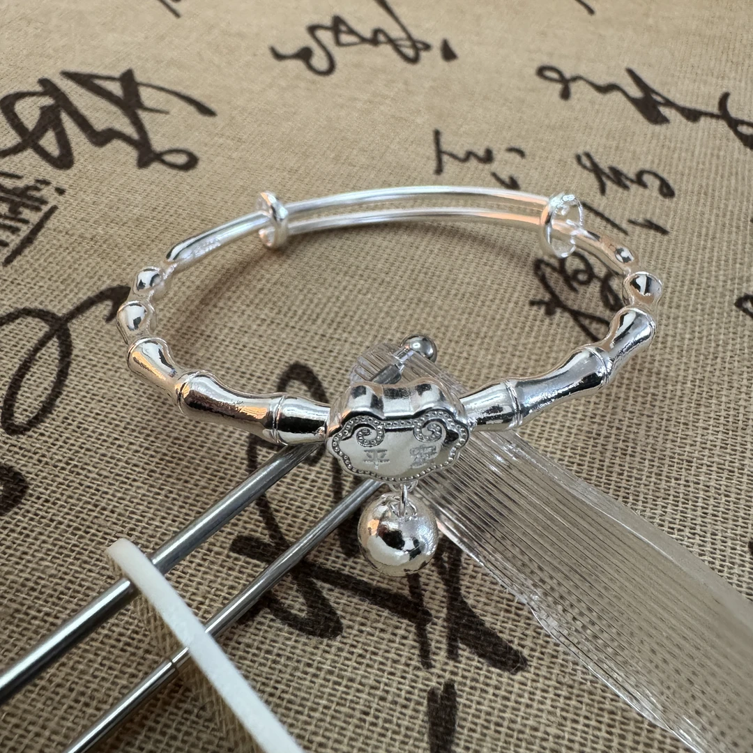 足银手镯 A23竹报平安亮面平安锁实心推拉可调节手镯时尚