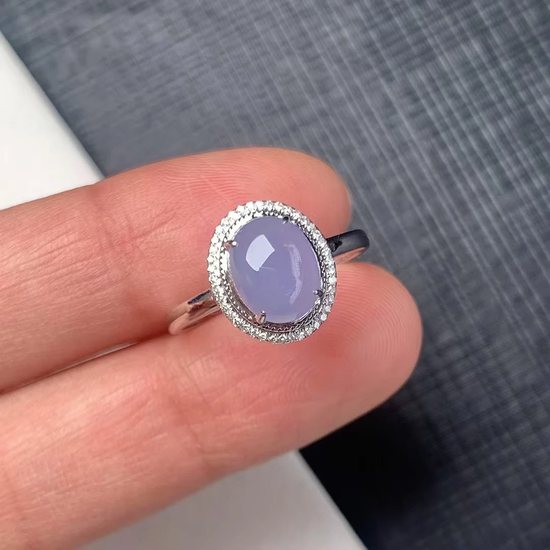 缅料翡翠18k金镶嵌冰紫罗兰蛋面戒指水润色艳a5尺寸 8.5/6.6/6.9