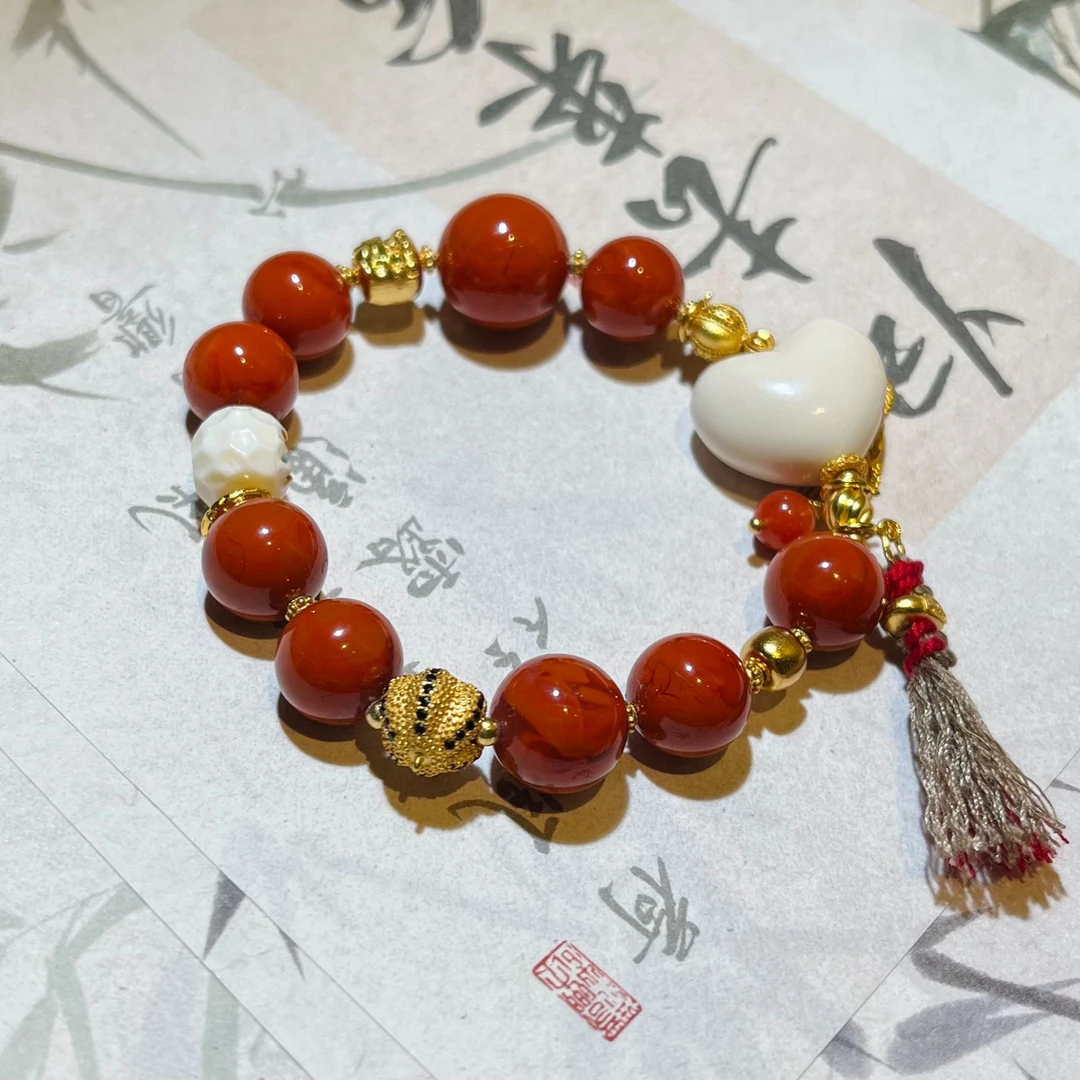【红昭愿】南红火焰纹牙牙爱心手串-多样性发其一
