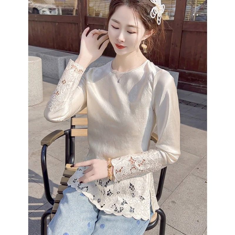新中式女装国风醋酸打底上衣女重工刺绣蕾丝提花t恤独特漂亮小衫