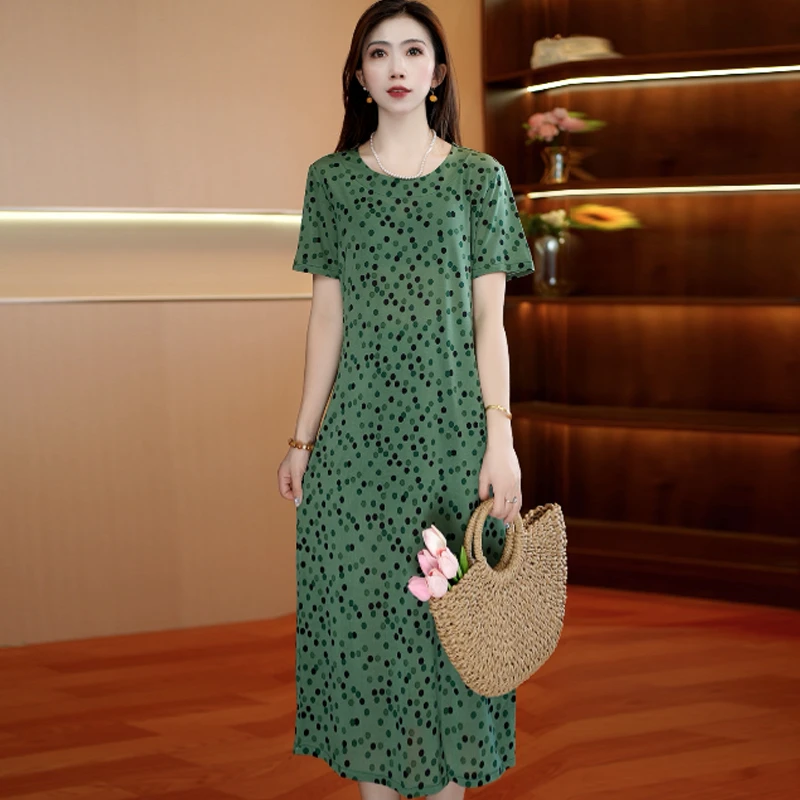 绿波点圆领 气质中长款时连衣裙百搭遮肉裙子