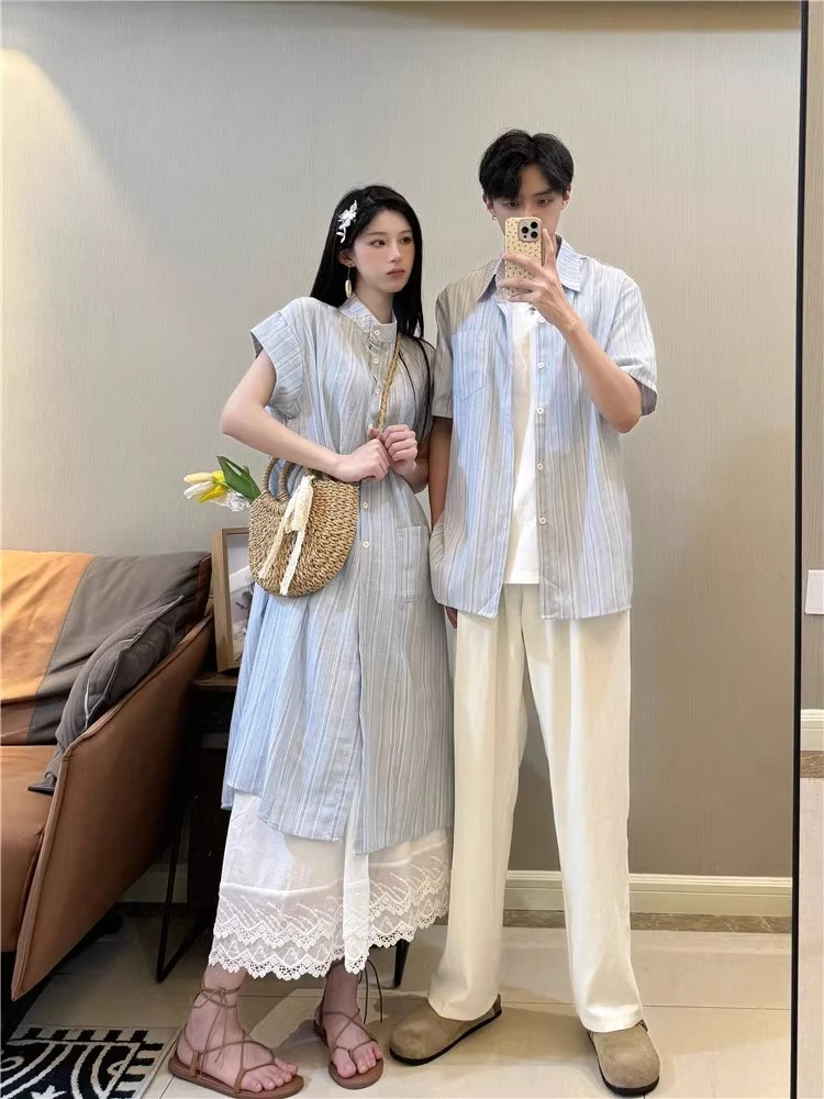 超火情侣装夏装2025新款小众设计感短袖衬衫法式连衣裙女一裙一衣