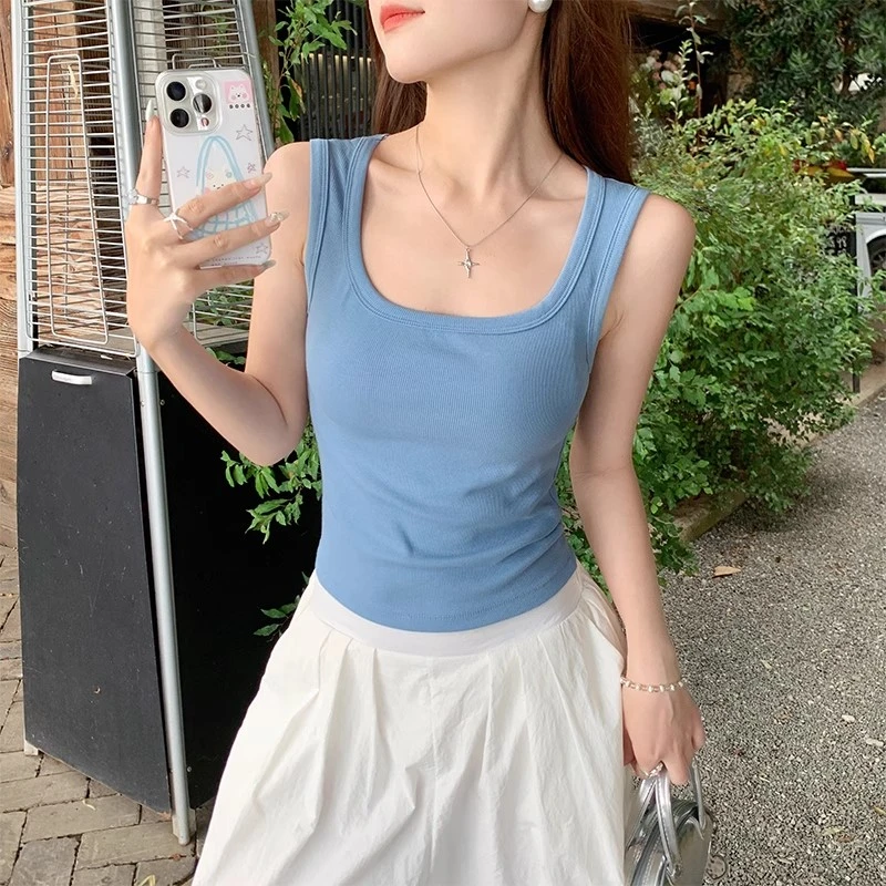 蓝色工字吊带背心内搭女夏季外穿2025新款方领遮副乳高级无袖上衣