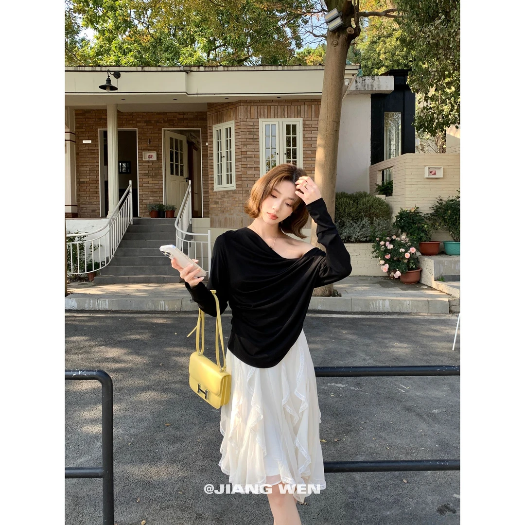 UKILAU【雕塑曲线】小众不规则斜肩设计感褶皱打底衫上衣