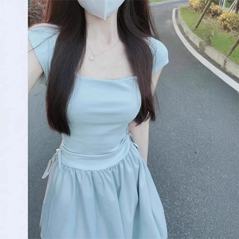 蓝色方领吊带连衣裙女装夏季2025新款拼接裙子高级新中式改良旗袍