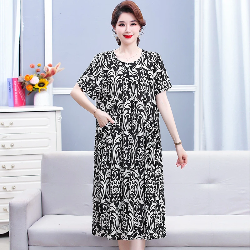 大码连衣裙女夏季新款中老年胖妈妈装宽松洋气口袋碎花中长款裙子