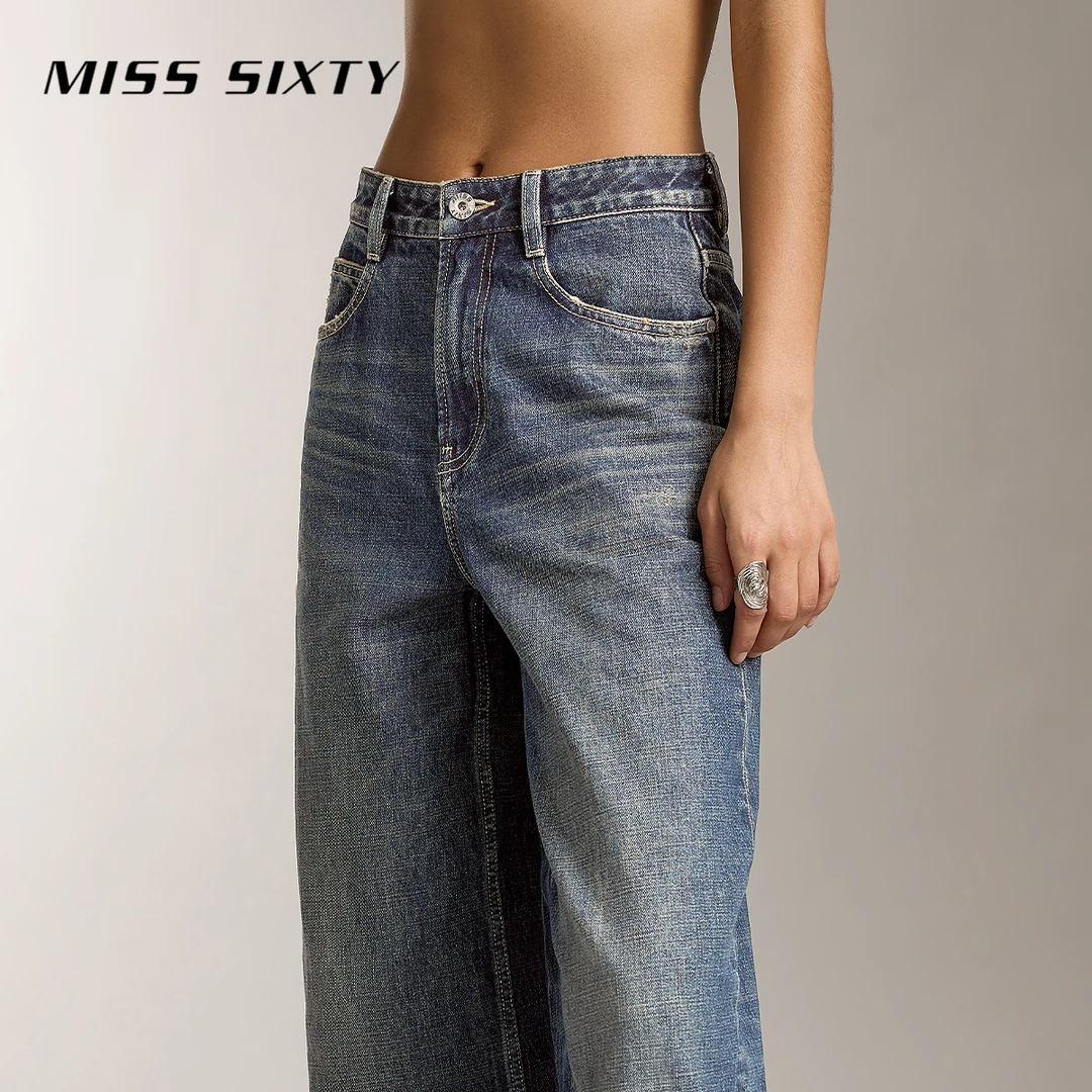 【贤哥专属】Miss Sixty牛仔裤女复古磨破高腰阔腿流光风