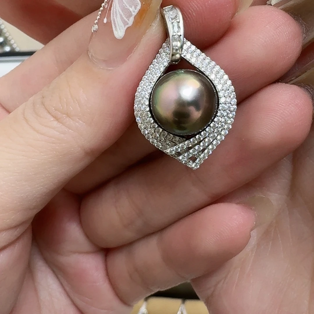 海水珍珠颈饰银S925镶嵌孔雀绿