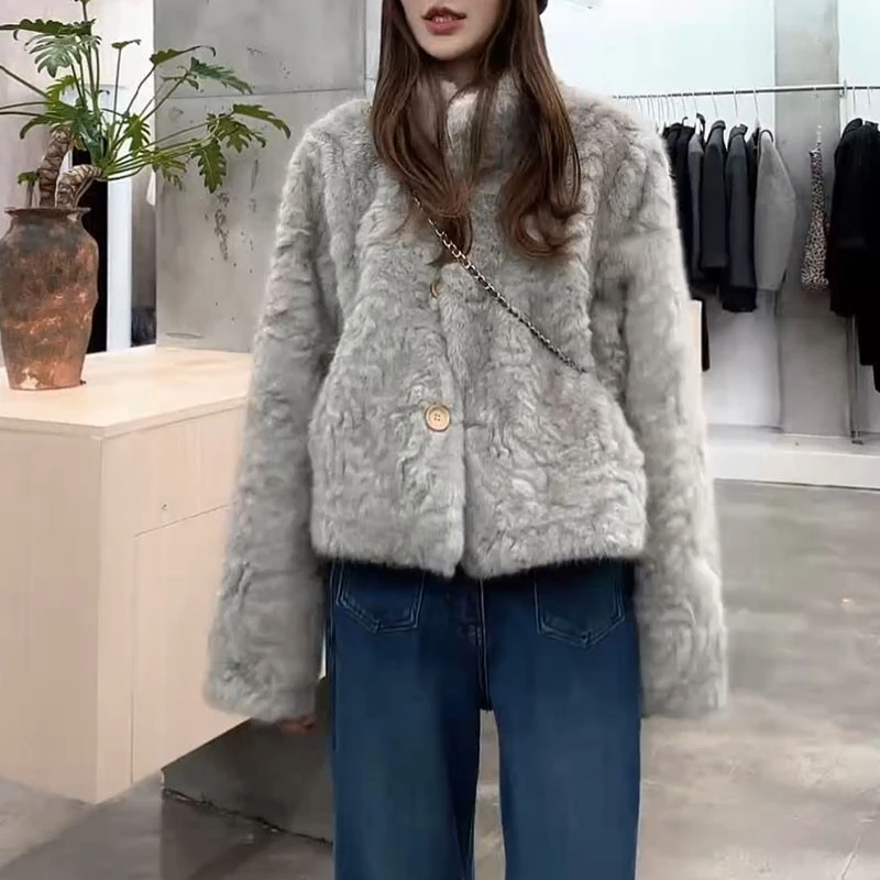 小个子秋冬季女设计感皮毛一体毛绒外套宽松时尚高级感羊羔毛上衣