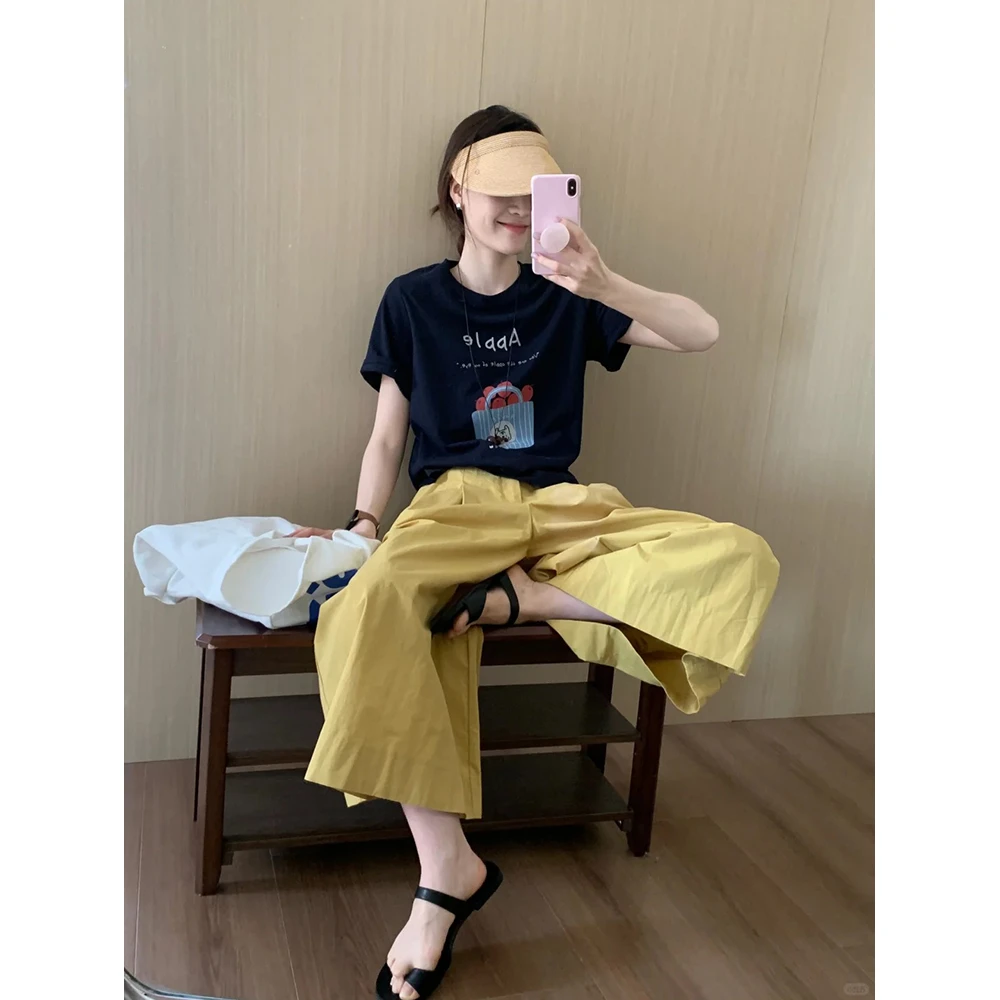 韩版时尚百搭简约短袖t恤女2025年夏季新款减龄显瘦上衣裤子套装