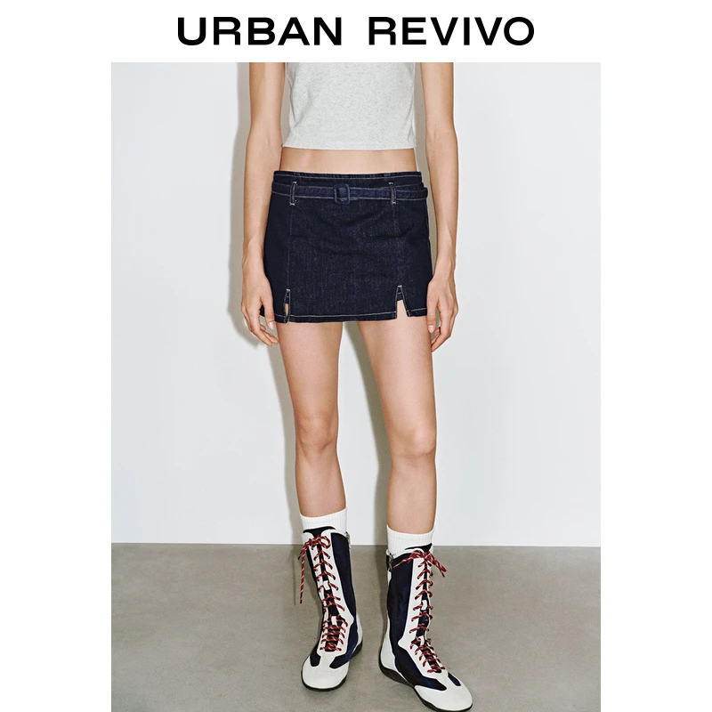 UR2025夏季新款女复古腰带饰撞色明线裙裤牛仔短裤UYY850118