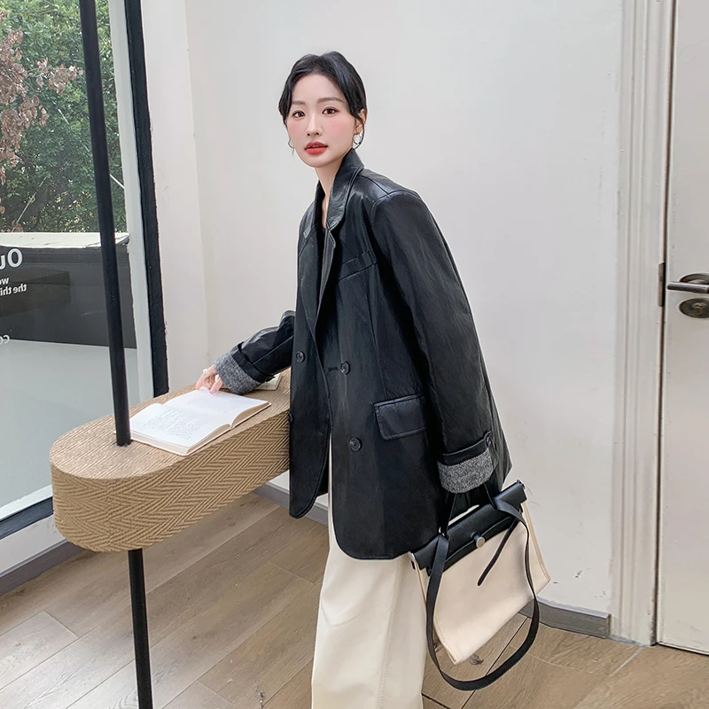 黑色御姐风复古PU皮西装外套女2025初春新款高级感拼接时尚小西服