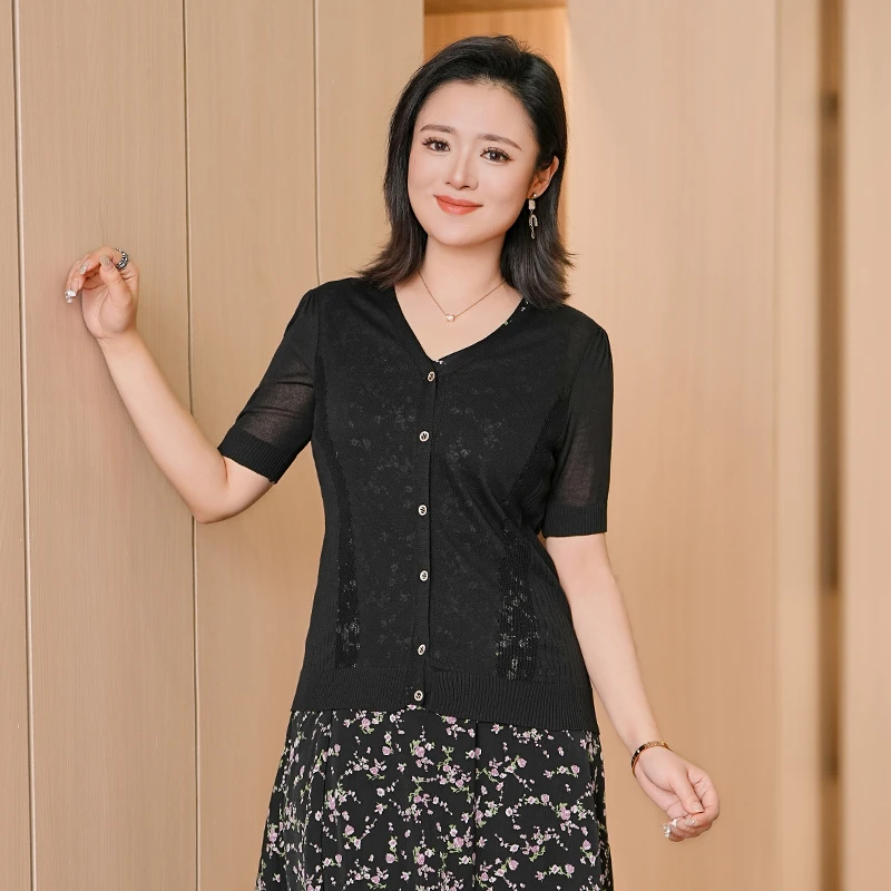 52051大码女装2025夏季新款胖mm薄款针织开衫百搭显瘦V领短袖外搭