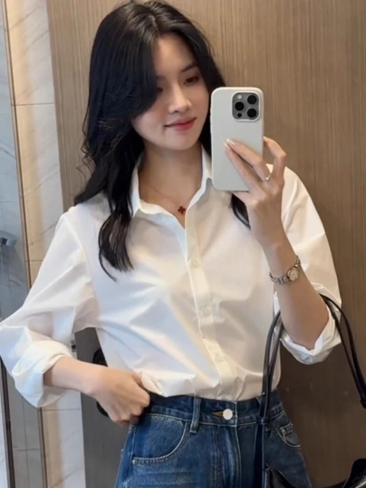 气质显瘦纯棉白衬衫女春秋极简风通勤休闲尖领百搭上衣衬衣打底衫