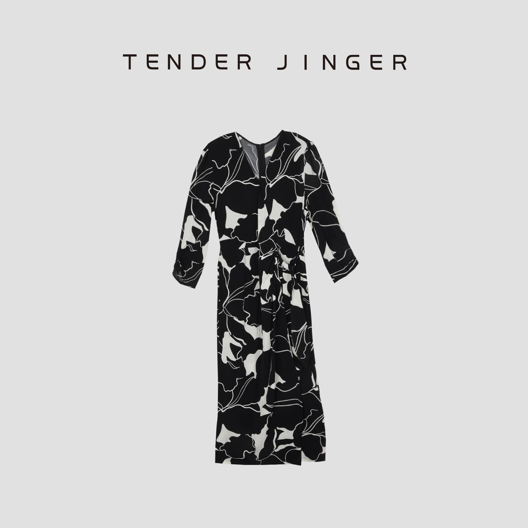 Tender Jinger【黑标】艺术感花卉V领围裹式连衣裙T52MFY113M